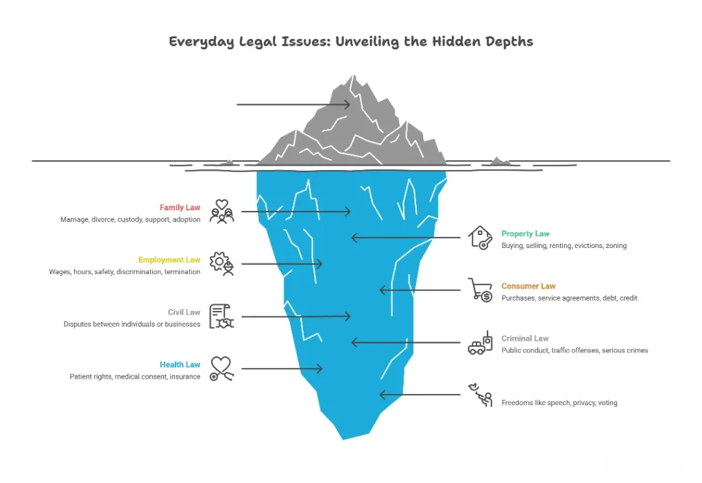 Infographic showing key areas of law that impact everyday life, including family, employment, property, and criminal law